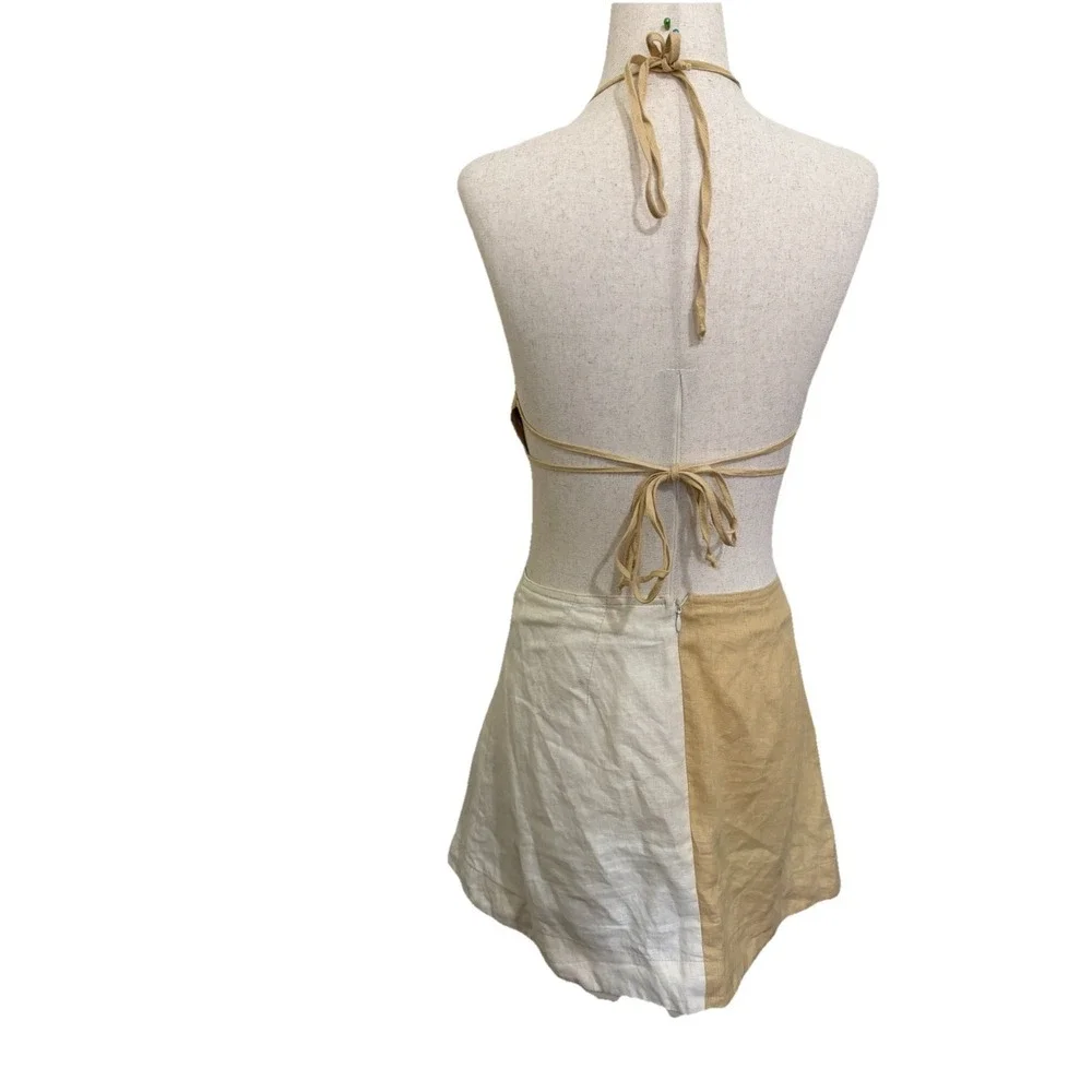 Matthew Bruch Colorblock Halter Linen Mini Dress‎ White Beige Size Small